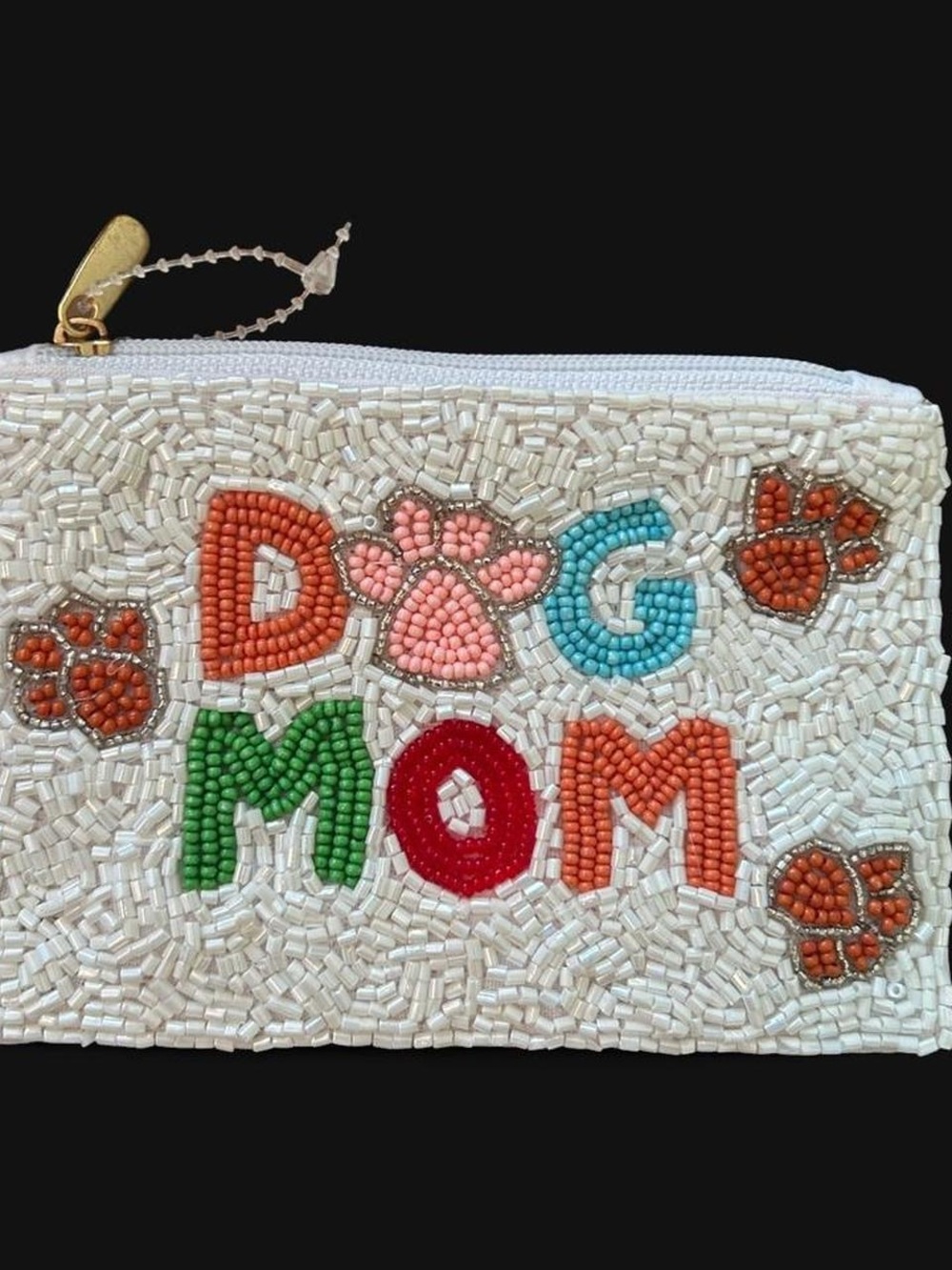 White beaded dog mom coin purse